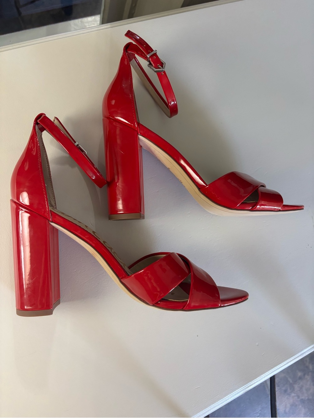 Sam Edelman Red Patent Block Heel Ankle-Strap Sandals 9